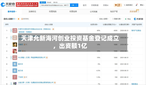 天津允新海河创业投资基金登记成立，出资额1亿-第2张图片