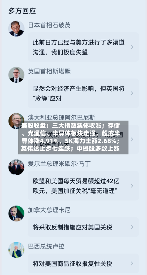 美股收盘：三大指数集体收涨；存储、光通信、半导体板块走强	，超威半导体涨4.91%，SK海力士涨2.68%；英伟达止步七连跌；中概股多数上涨-第3张图片