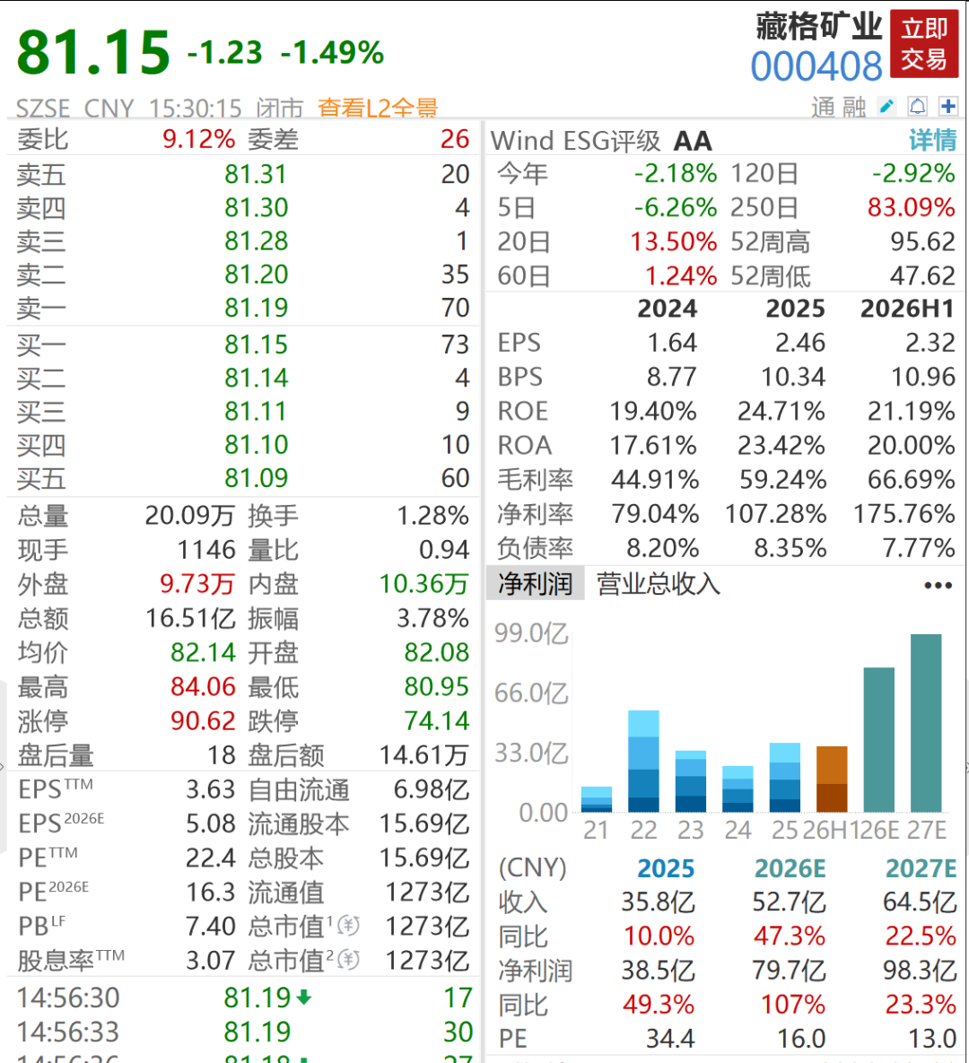千亿铜矿巨头	，净利大增超100%创历史新高