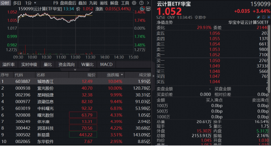 腾讯Capex大增+海外巨头业绩炸裂，算力迎量价齐升！云计算ETF华宝（159099）涨超3%	，城地香江等3股涨停