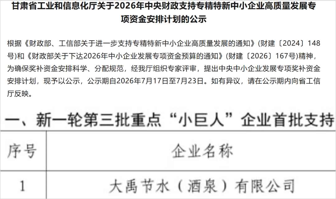 从“小巨人”到“重点	”，大禹集团迎国家级专精特新企业培育新突破